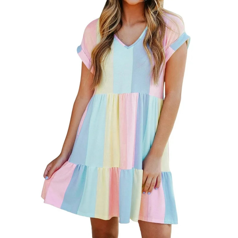 Asyoly Womens Summer Striped Shirt Dress Colorblock Sundress V Neck Swing Mini Dress Short Sleeve... | Walmart (US)