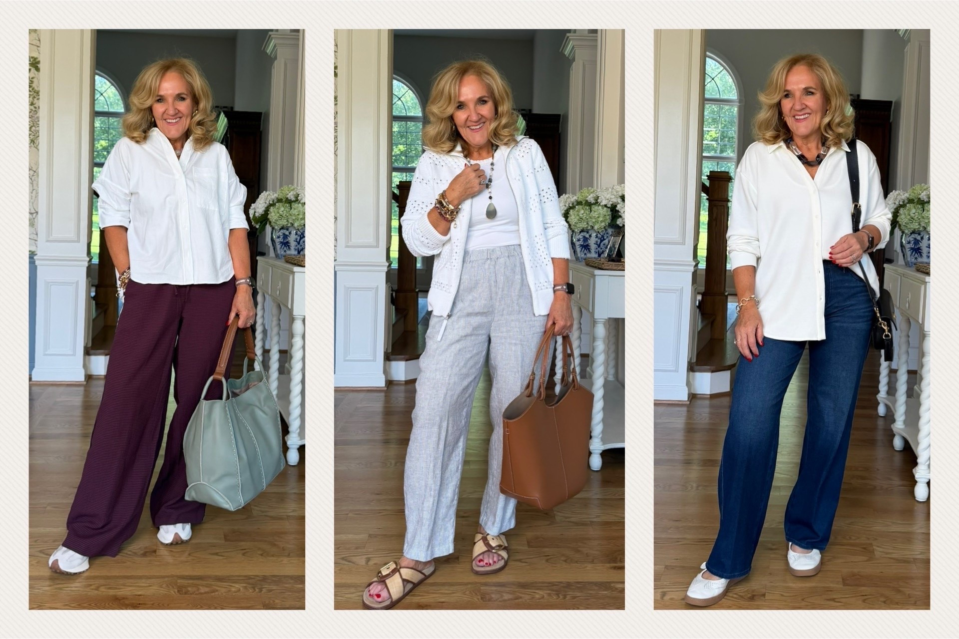What we are wearing this week 
Track pants med 
White Oxford small
Linen pants medium size
White cardigan medium size 
Knit pull on denim 1.0 short 
Knit button down medium

#LTKOver40 #LTKootd #LTKPetite