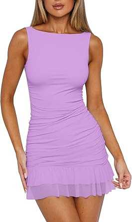 HOCILLE Vestidos Mini Sexys Ajustados con Cuello Barco para Mujer, Sin Mangas, Fruncidos, Dobladi... | Amazon (US)