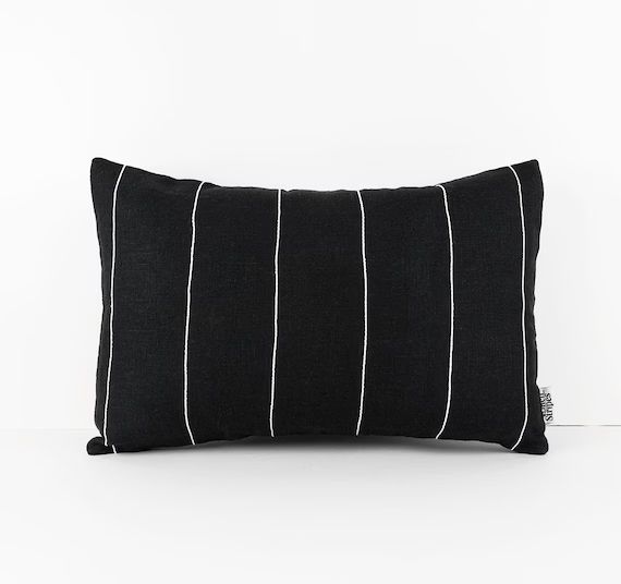 Black lumbar pillow cover. Modern Black White stripe linen cushion cover. Organic linen throw pillow | Etsy ROW
