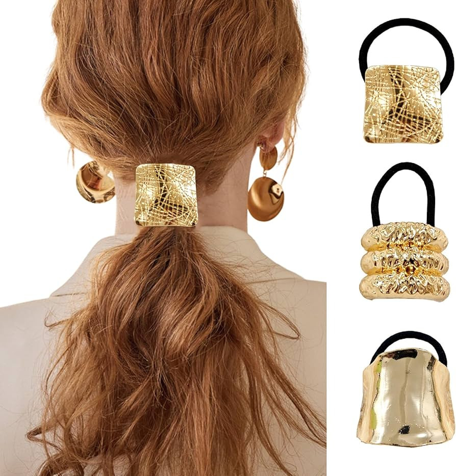 papasgix 3 PCS Metal Hair Tie, Ponytail Hair Cuff, Gold Hair Cuff, Gold Ponytail Cuff Silver Meta... | Amazon (US)