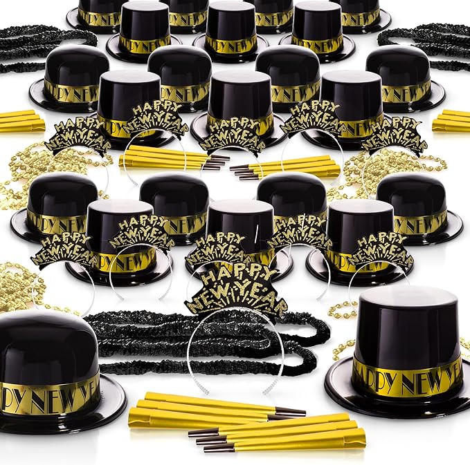 Black and Gold 100 Guest 2026 New Years Eve Party Supplies in Bulk 250 Pieces Top Hats Tiaras Bea... | Amazon (US)