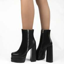 A Pair Women Platform Ankle Boots Chunky Block High Heel Square Toe Booties Side Zipper Short Boots | SHEIN