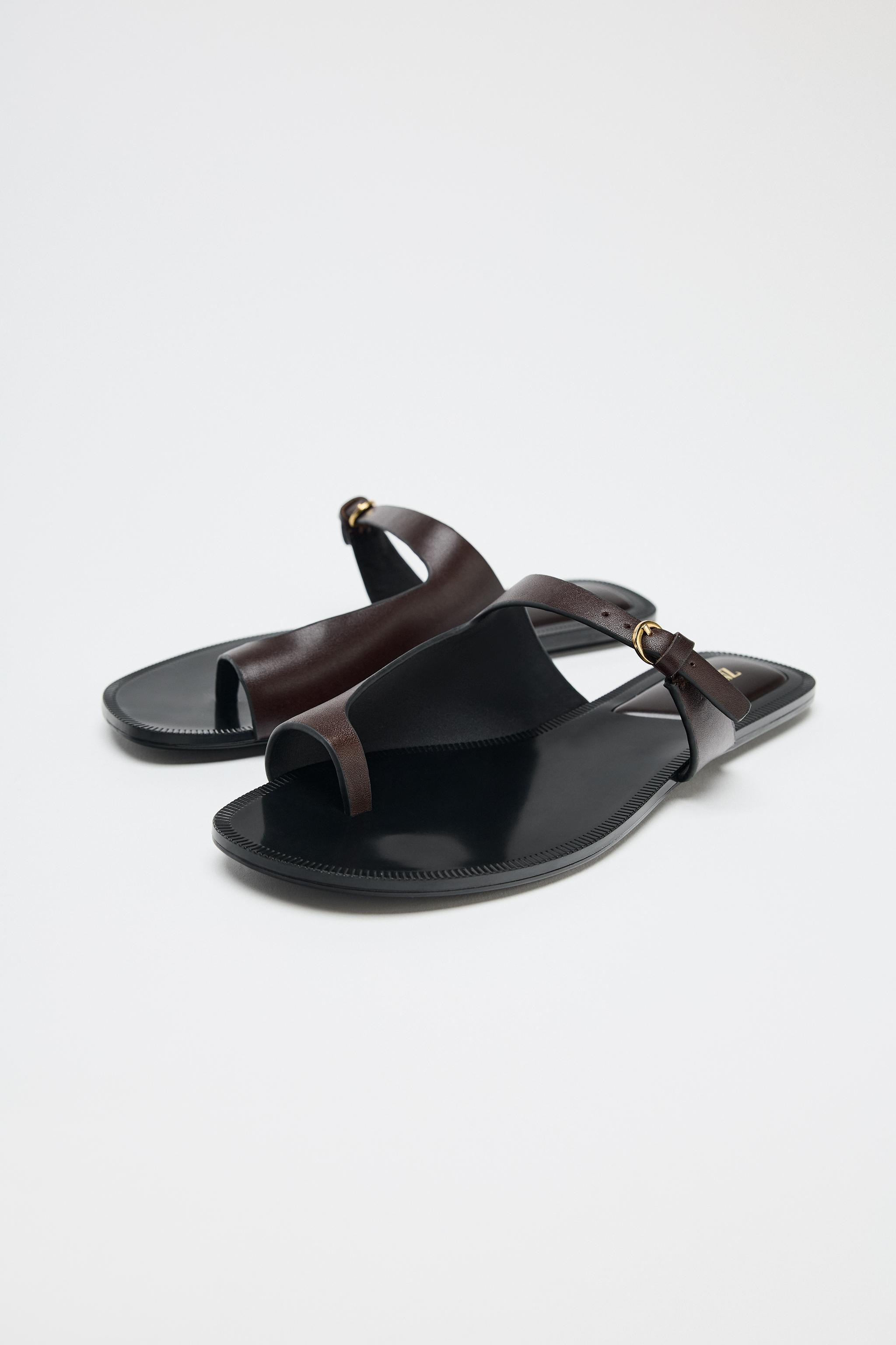 ASYMMETRIC LEATHER FLAT SANDALS | Zara US