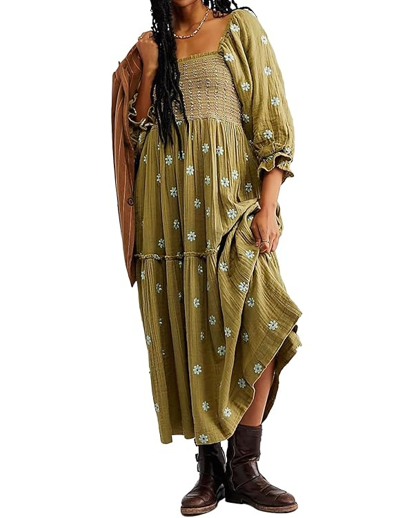 ABYOVRT Women Floral Embroidered Maxi Dress Long Puff Sleeve Square Neck Bohemian Flowy Dress wit... | Amazon (US)