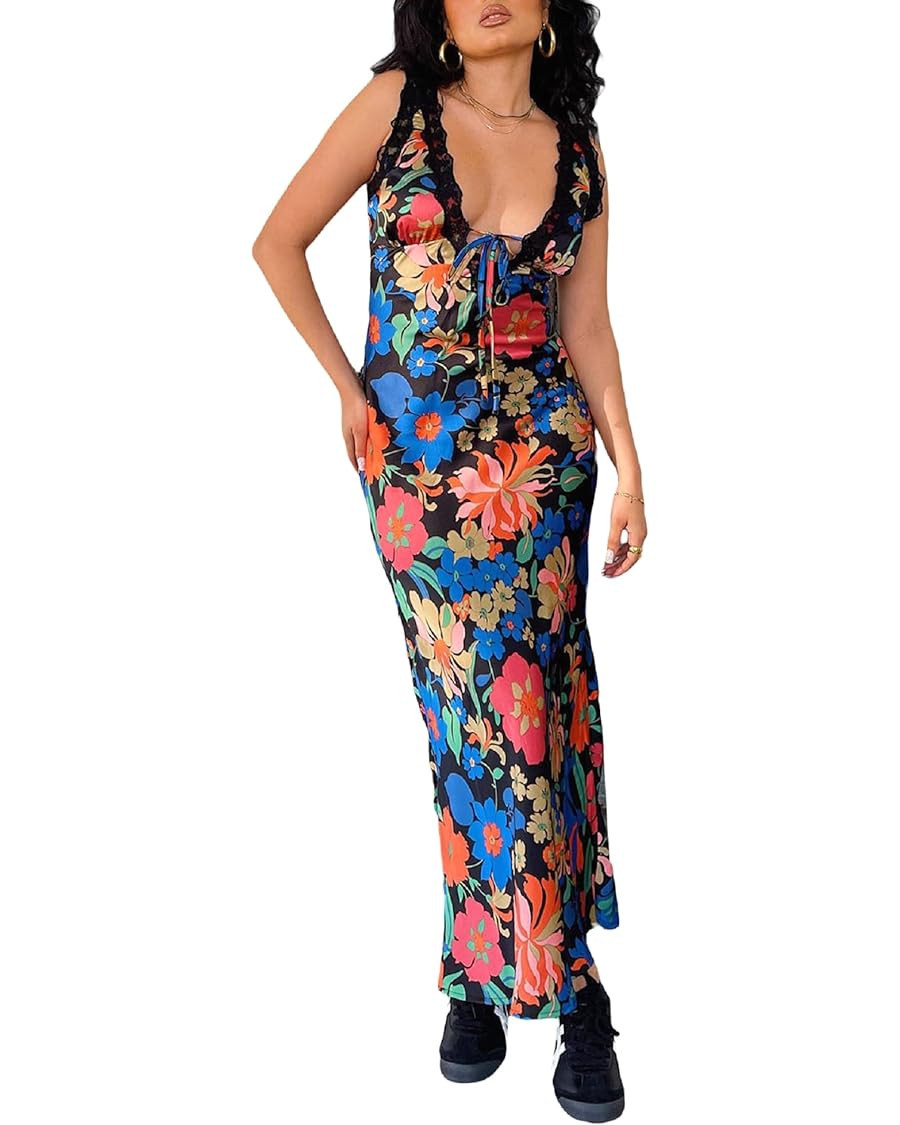 Argeousgor Y2K Floral Print Spaghetti Strap Bodycon Maxi Dress Deep V Neck Long Dress Sexy Backle... | Amazon (US)