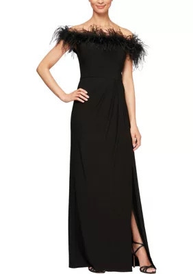 Alex Evenings Women's Long Gown with Maribou Detail Neckline, Black, 4 | Belk