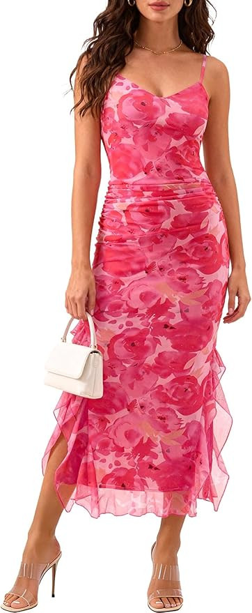 DRESSTELLS Women's Summer Floral Wedding Guest Spaghetti Strap Maxi Long Mesh Ruched Slit Beach D... | Amazon (US)