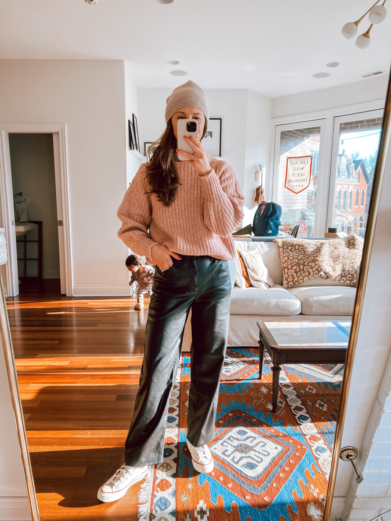 Pants run big, sized down to 25. Sweater TTS. Converse took 1/2 size down! Linking similar beanie and thermal under shirt (TTS) 
