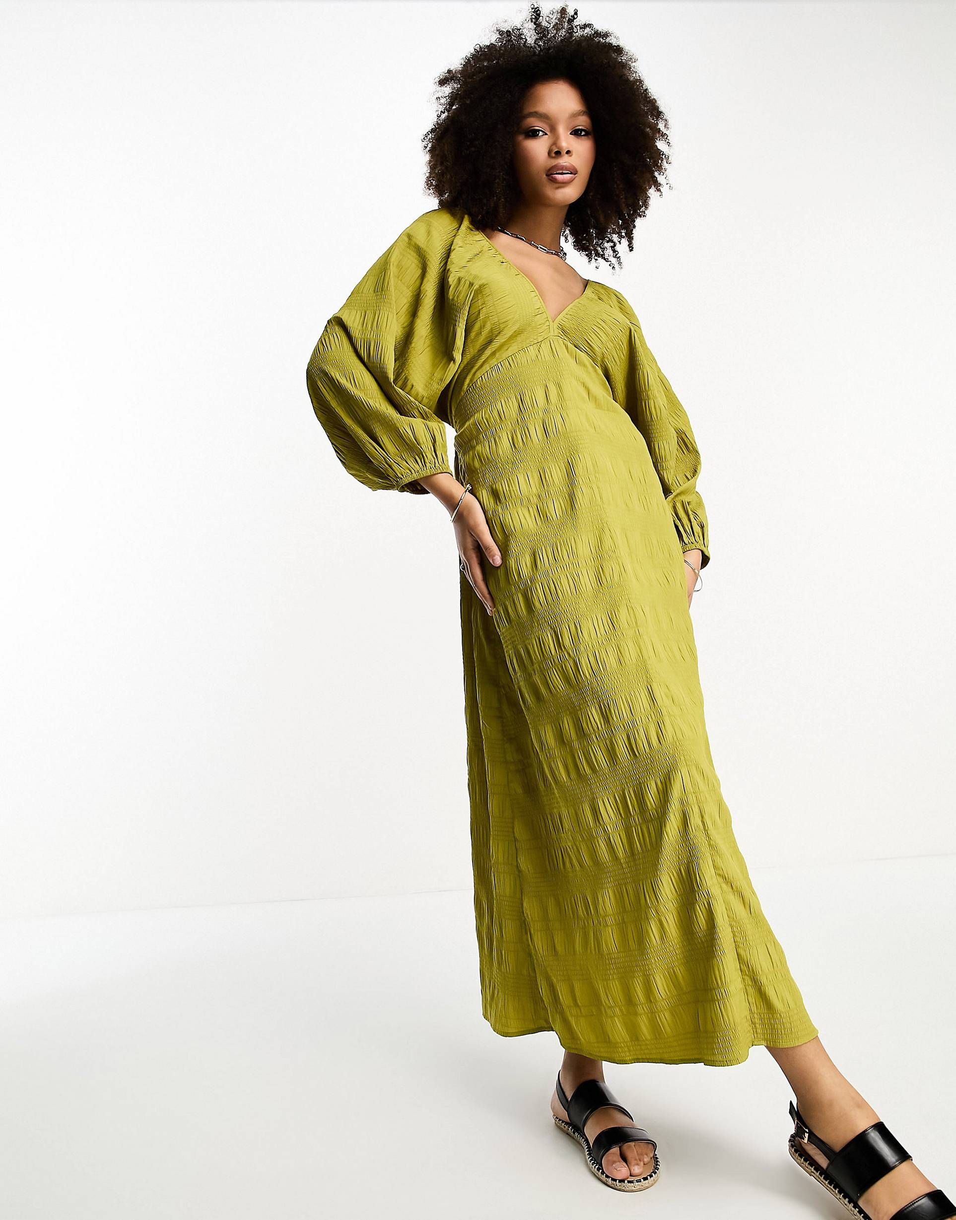 ASOS DESIGN textured v neck batwing midi dress with open back in olive | ASOS (Global)