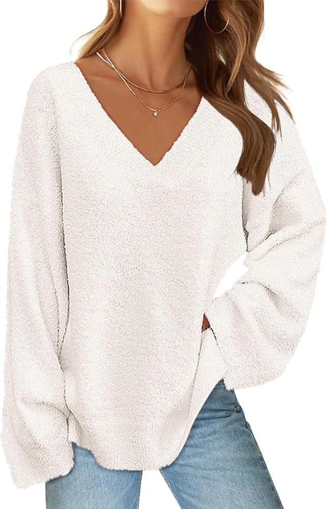 MEROKEETY Sweaters for Women Fall 2025 V Neck Oversized Cozy Chunky Knit Long Sleeve Fuzzy Fleece... | Amazon (US)