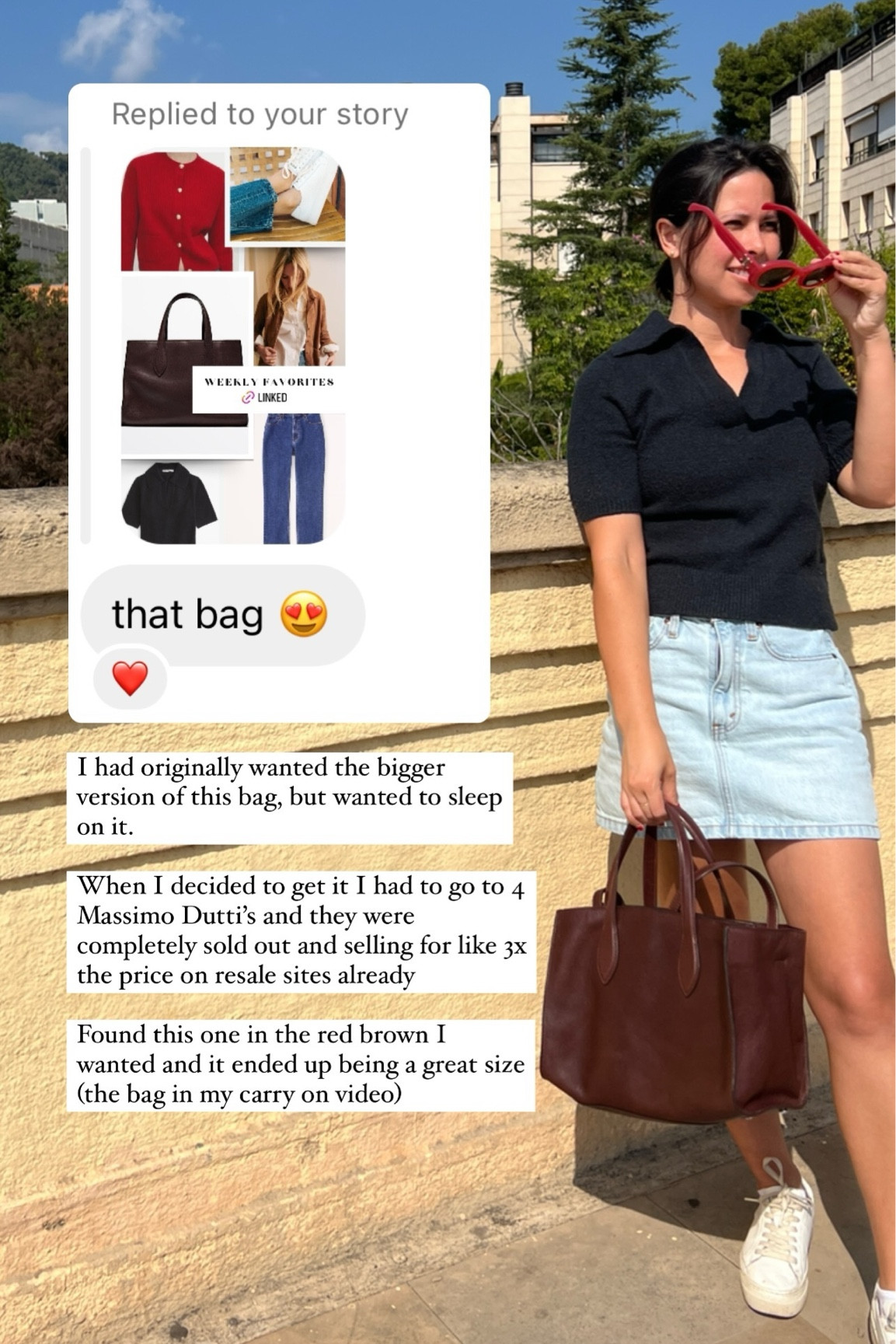 I had originally wanted the bigger version of this bag, but wanted to sleep on it. 

When I decided to get it I had to go to 4 Massimo Dutti’s and they were completely sold out and selling for like 3x the price on resale sites already 

Found this one in the red brown I wanted and it ended up being a great size (the bag in my carry on video)

#LTKFallSale #LTKFindsUnder100 #LTKStyleTip