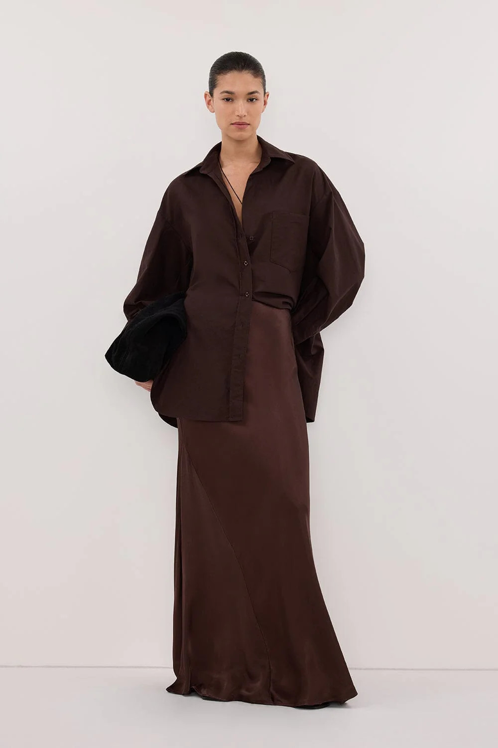 CHARLI BITTER CHOC SATIN MAXI SKIRT | DISSH