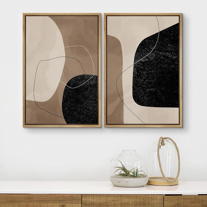 Mid Century Shape Brown Faded Black Abstract Modern Pictures Framed 2 Pieces Canvas Print Wall Ar... | Wayfair North America