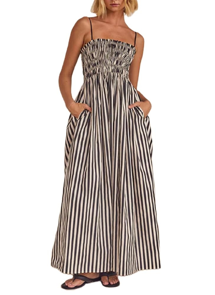 KMBANGI Women Striped Sleeveless Maxi Dress Swing Aline Midi Dress Backless Smocked Spaghetti Str... | Amazon (US)