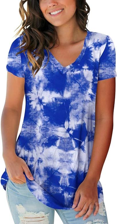 SAMPEEL Women's Basic V Neck Short Sleeve Floral T Shirts Summer Casual Tops | Amazon (US)