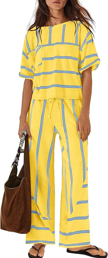 Nirovien Womens Striped Lounge Set 2 Piece Vacation Sets Short Sleeve Tops and Wide Leg Pants Tra... | Amazon (US)