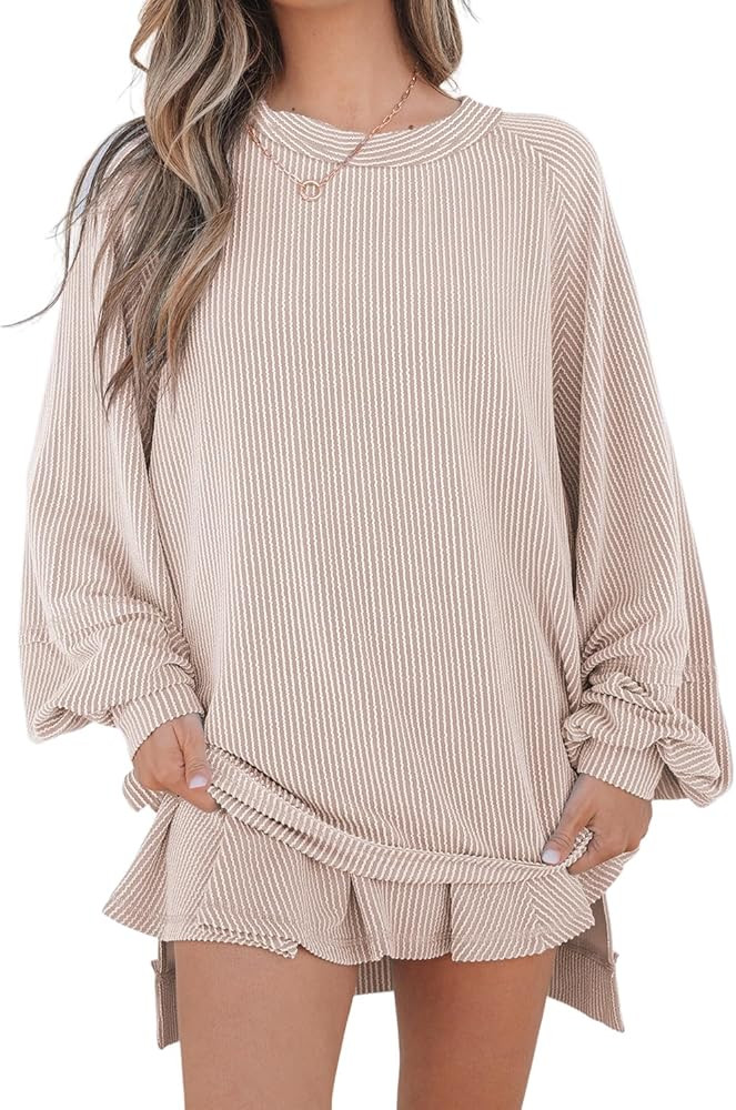 Womens 2 Piece Outfits Ribbed Oversized Long Sleeve Top and High Waist Skort Lounge Matching Skir... | Amazon (US)