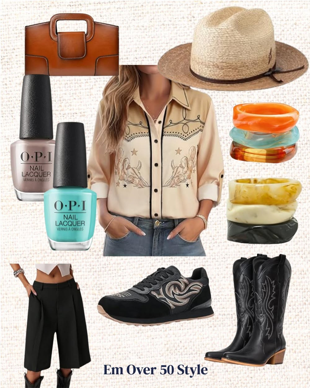 Western Outfit Idea for Women Over 50 | Amazon Fashion Finds 🤠

Love this boho-western look curated by Em Over 50 Style! Features an embroidered cowgirl snap shirt, wide-leg black culottes, black cowboy boots, straw panama hat, brown leather handbag, and stunning stacked resin bangles f — the ultimate western accessory.

Save this post for your next country concert, ranch event, or casual western-inspired outfit inspo.  
 

#WesternFashion #WesternOutfit #BohoWestern 

 #LTKdayinmylife #LTKootd #LTKSaleAlert