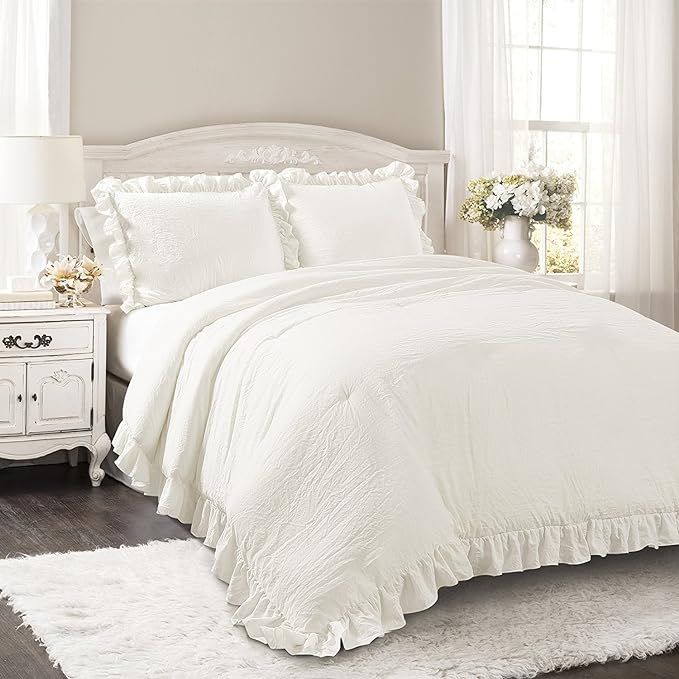 Amazon.com: Lush Decor Reyna Comforter Ruffled 2 Piece Bedding Set with Pillow Shams, Twin XL, Wh... | Amazon (US)