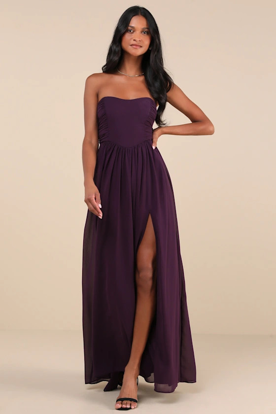 Luxe Favorite Dark Purple Strapless Ruched Maxi Dress | Lulus