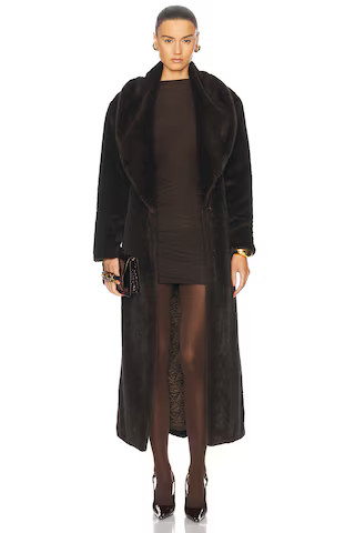 AEXAE Faux Fur Long Line Belted Coat in Brown | FWRD | FWRD 