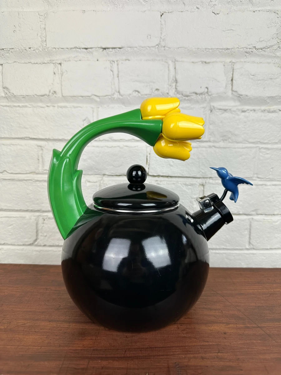RARE Vintage 1995 VIA Ancona Black Whistling Tea Kettle with Tulip & Hummingbird  | eBay | eBay US