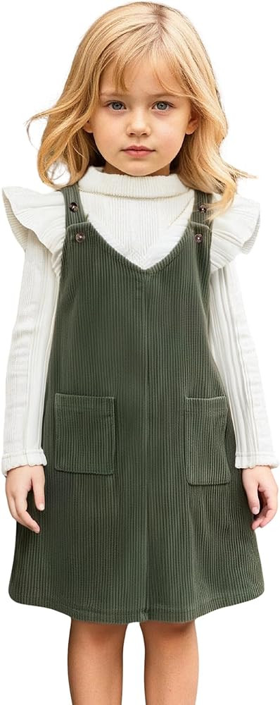 HINTINA Toddler Girl V Neck Corduroy Pinafore Overall Dress Set 2-7 Years | Amazon (US)