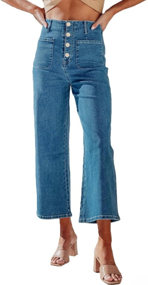 Womens Wide Leg Jeans Woman High Waisted Stretchy Baggy Cropped Denim Pants | Amazon (US)