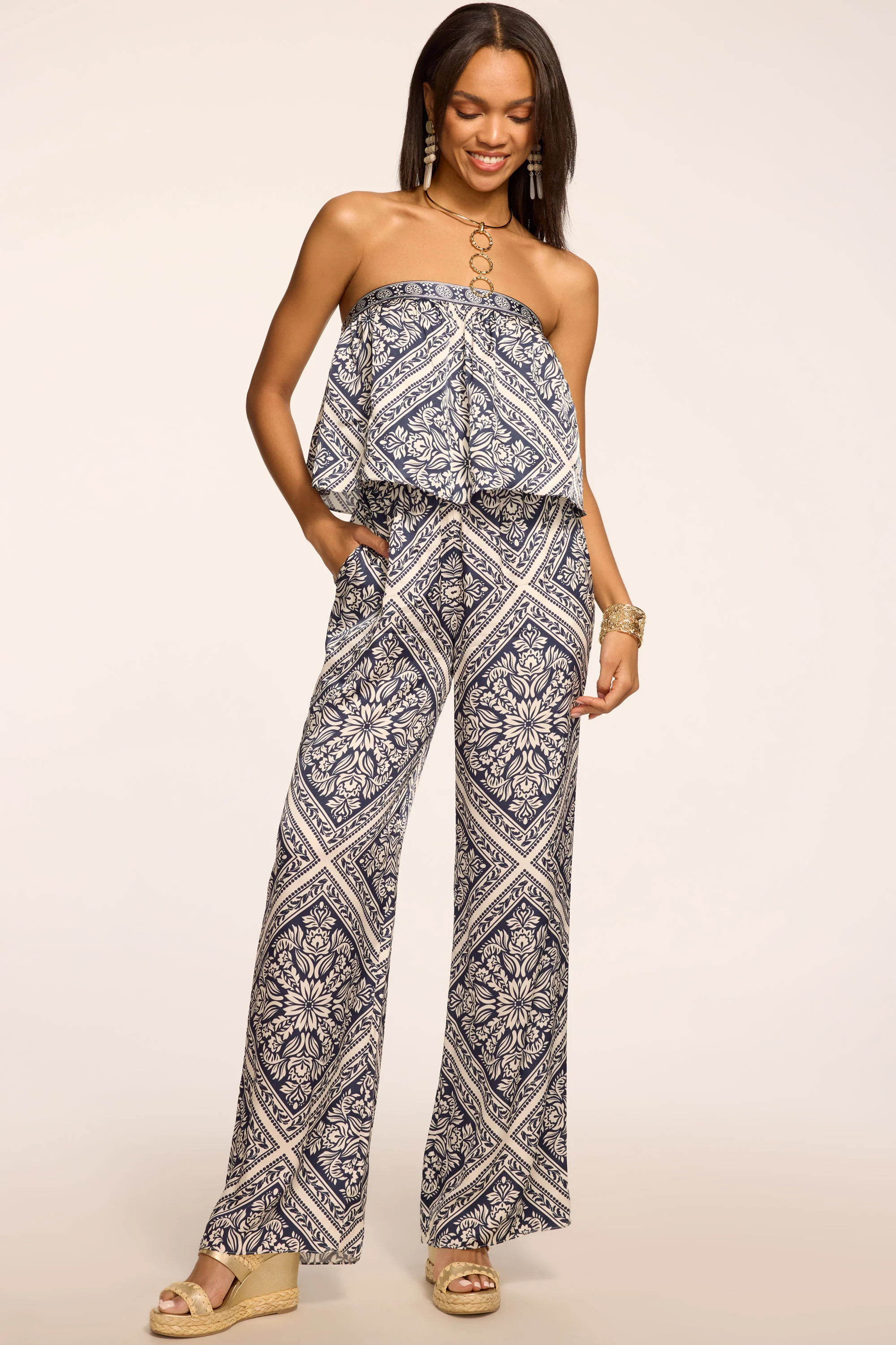Thadia Printed Strapless Jumpsuit in Capri navy | Ramy Brook