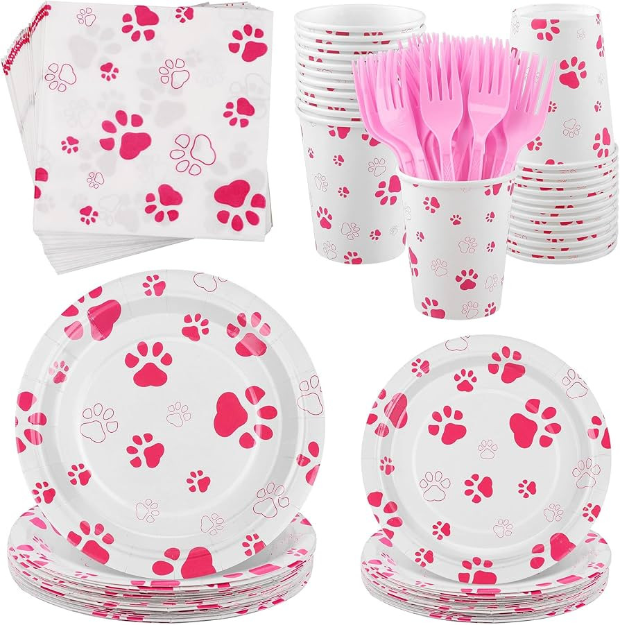 144 Pieces Pink Paw Print Party Tableware Sets Including Disposable Plates Napkins Cups Forks Ser... | Amazon (US)