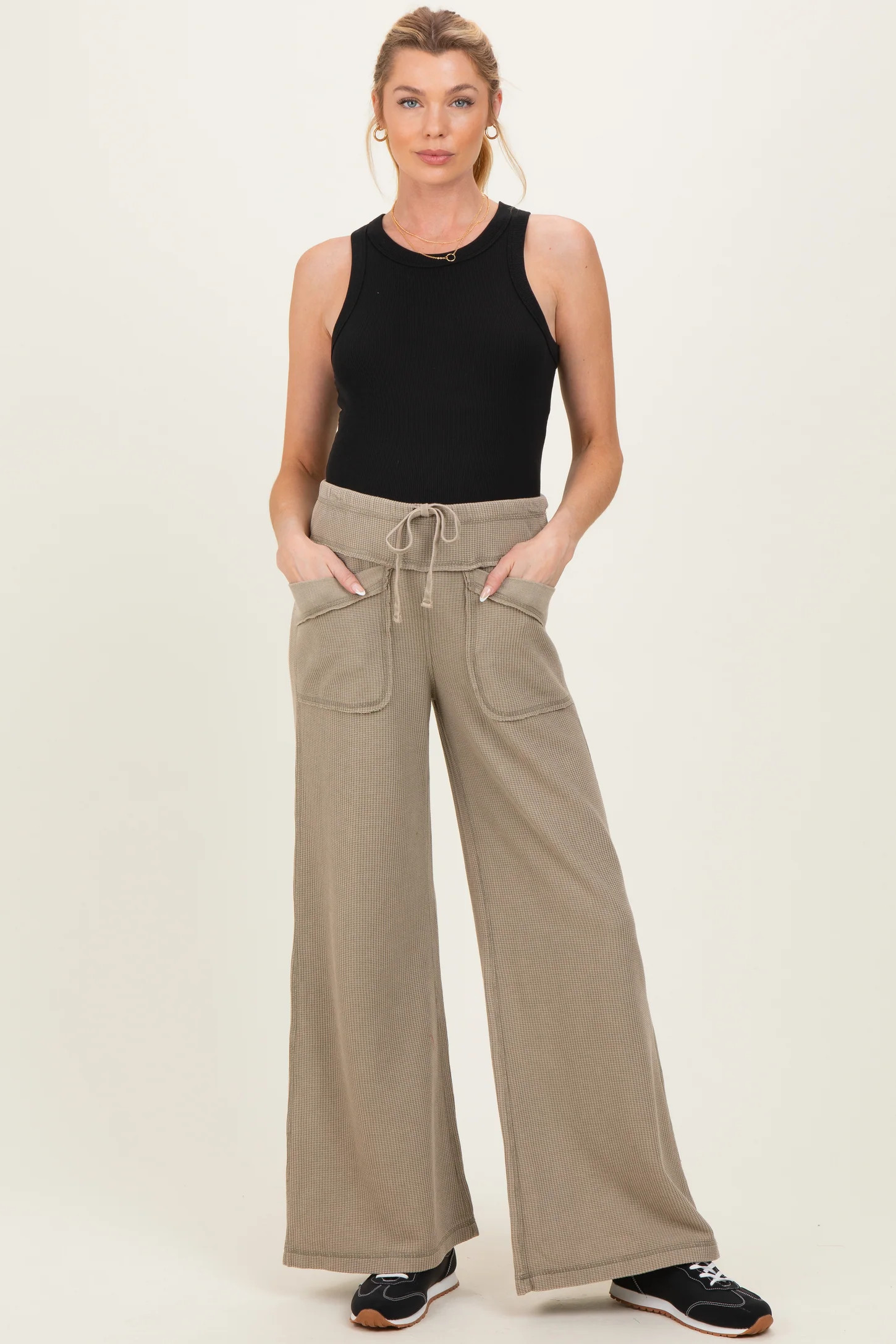 Olive Mineral Wash Waffle Knit Wide Leg Maternity Pants | PinkBlush Maternity