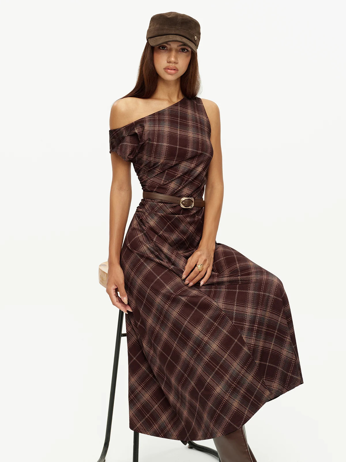 Belted Asymmetrical Plaid Stretch Midi Dress | Commense