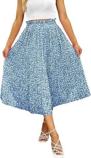 Naggoo Women's Skirts High Elastic Waisted Casual Skirt Pleated Floral/Solid Midi Skirts with Poc... | Amazon (US)