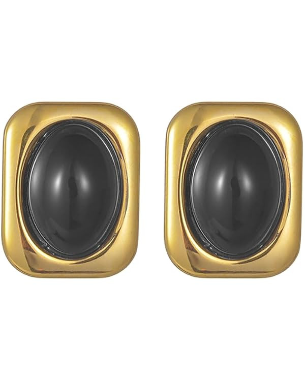 Kokoma Gold Statement Chunky Stud Earrings for Women Stainless Steel Oval Stone Geometric Square ... | Amazon (US)
