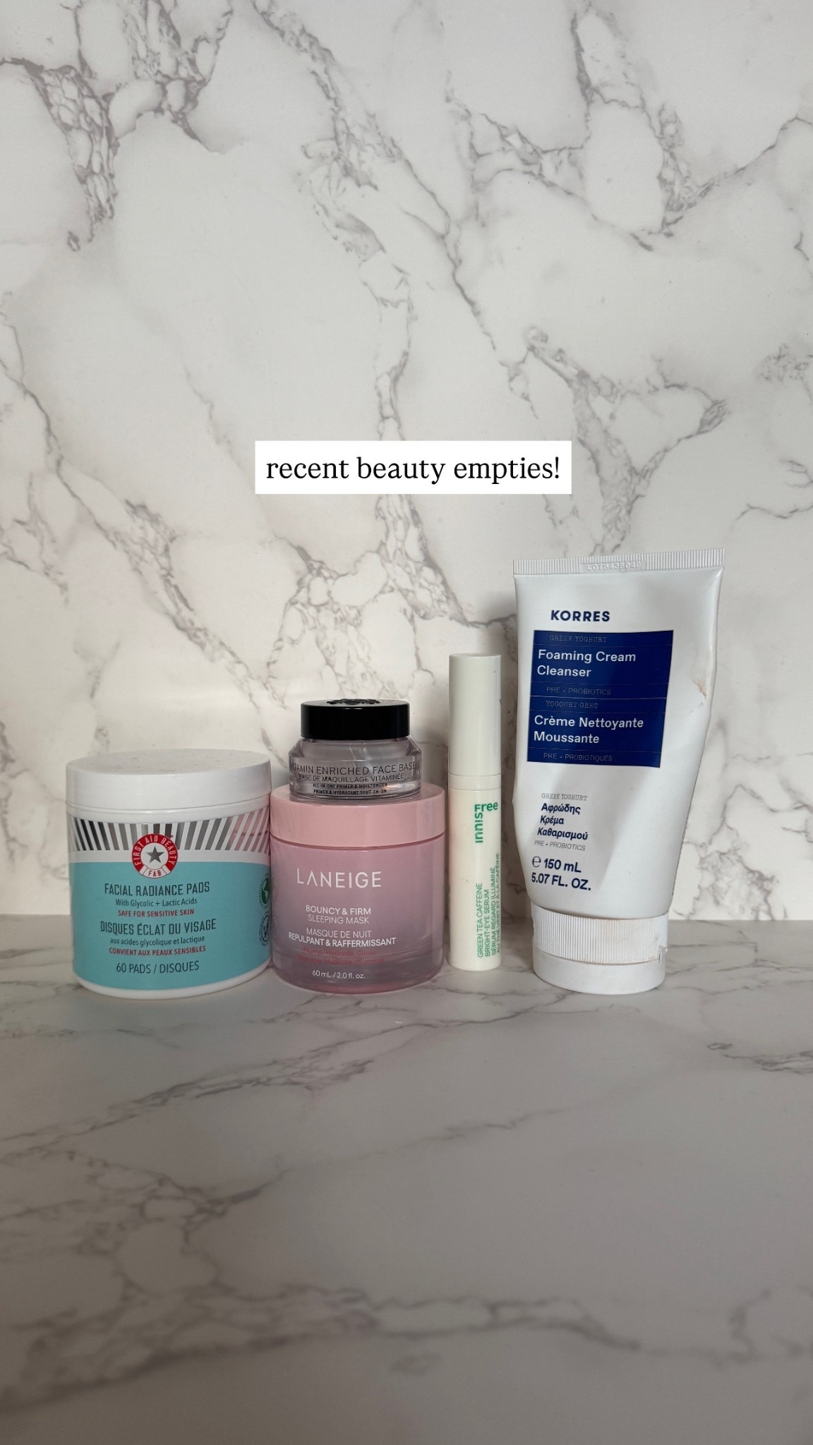 Recent beauty empties! 

Bobbi Brown Face Base - obsessed with this as a primer before makeup
First Aid Beauty Facial Radiance Pads - first step in my morning skincare routine
Korres Greek Yoghurt Cleanser - Love how my skin feels after using this
Laneige Bouncy Overnight Mask - so nourishing and great for dry skin
innisfree Caffeine Eye Serum - will never get over how long this lasted for me

#LTKBeauty #LTKFindsUnder50