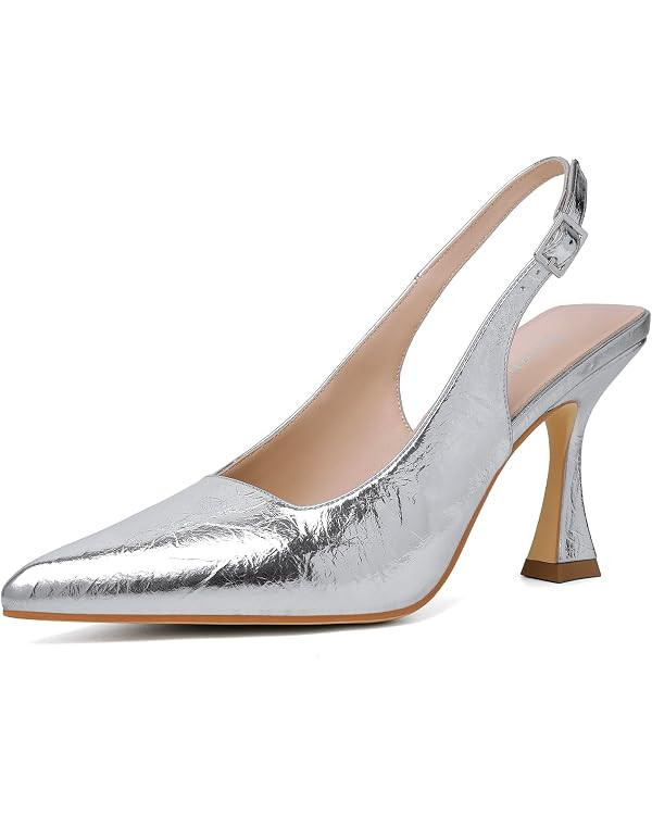 Susanny Slingback Kitten Heels Elegant Dressy Pumps for Women Closed Pointy Toe Sexy Chunky High ... | Amazon (US)