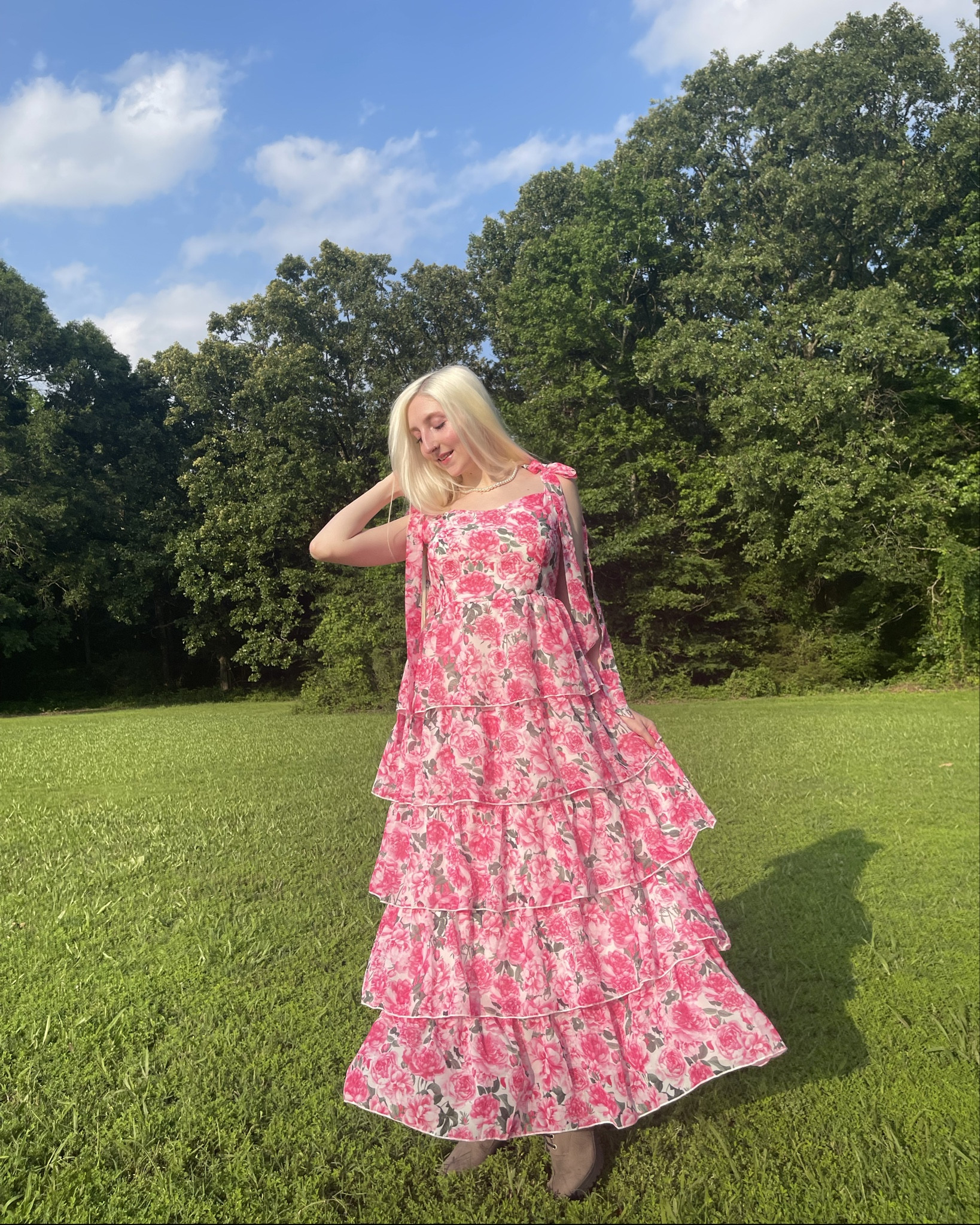 Wearing a gorgeous pink floral dress from Cherley in size Small, along with grey suede heels that fit TTS and a pearl necklace. The exact dress is linked below! You can use code ethereal15 for 15% off at Cherley! 

#LTKFallSale #LTKSaleAlert #LTKFindsUnder100