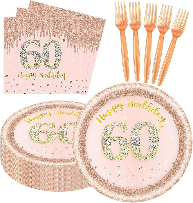 60 PCS 60th Birthday Decorations for Women, 60th Birthday Plates and Napkins Rose Gold Disposable... | Amazon (US)