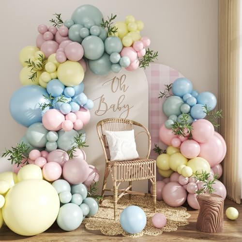 Pink Blue Yellow Pastel Balloon Arch Kit, 124Pcs Macaron Light Pink Blue Yellow Balloons for Spring Tea Party Baby Shower Wedding Birthday Gender Reveal Party Decorations | Amazon (US)