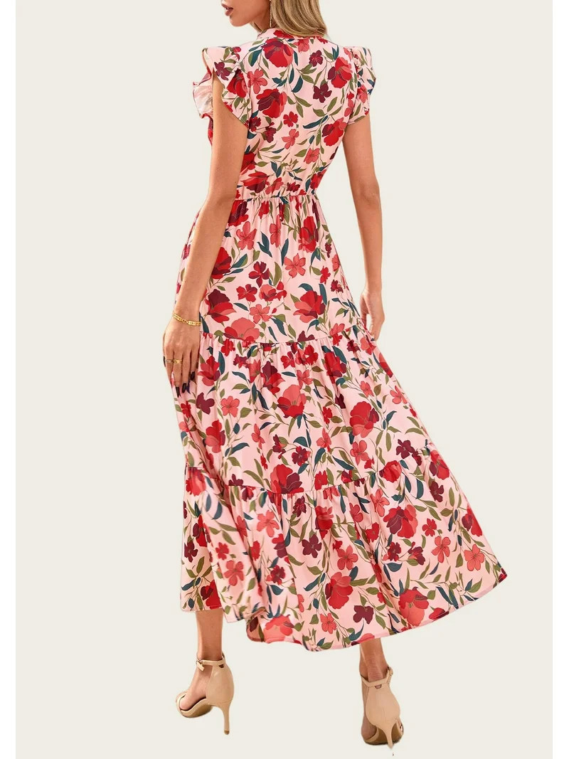 PRETTYGARDEN Women's Summer Floral Midi Dress Cap Sleeve V Neck Ruffle Long Flowy Boho Casual Bea... | Walmart (US)