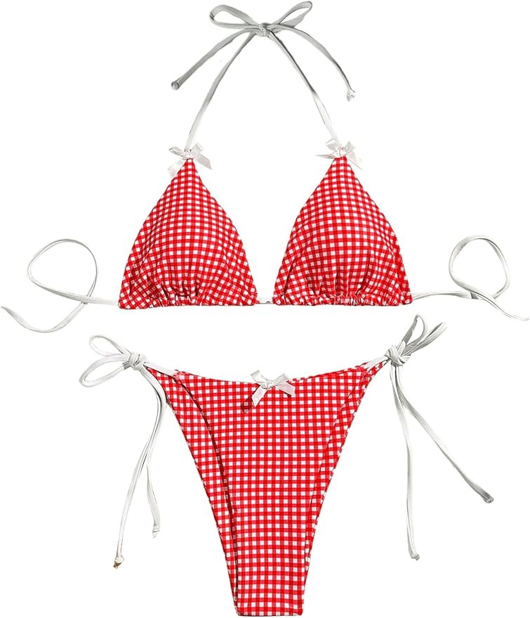 Women's 2 Piece Y2K Gingham Print Bow Front Bikini Halter Tie Bikini Set Triangle Set Beachwear S... | Amazon (US)