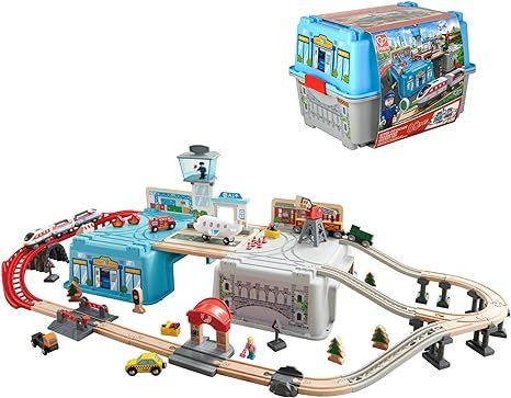 Hape Super Cityscape Transport Bucket Set | Wooden Toy Train Set with City Scenes, Plane, Battery... | Amazon (US)