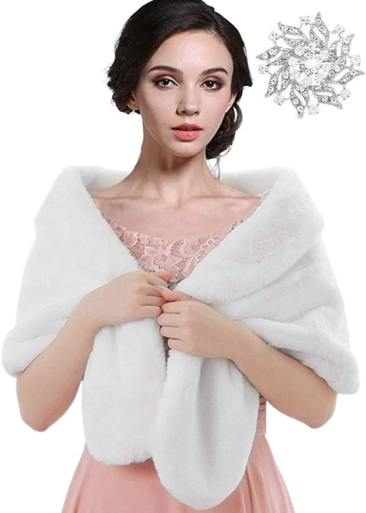 Easedaily Women's Fur Shawls and Wraps Wedding Fur Scarf Faux Bridal Fur Stole with Brooch for Bride | Amazon (US)