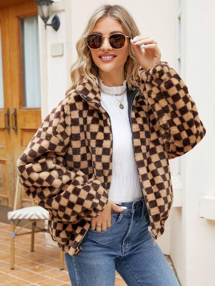 Plaid Zipper Fleece Jacket | SHEIN