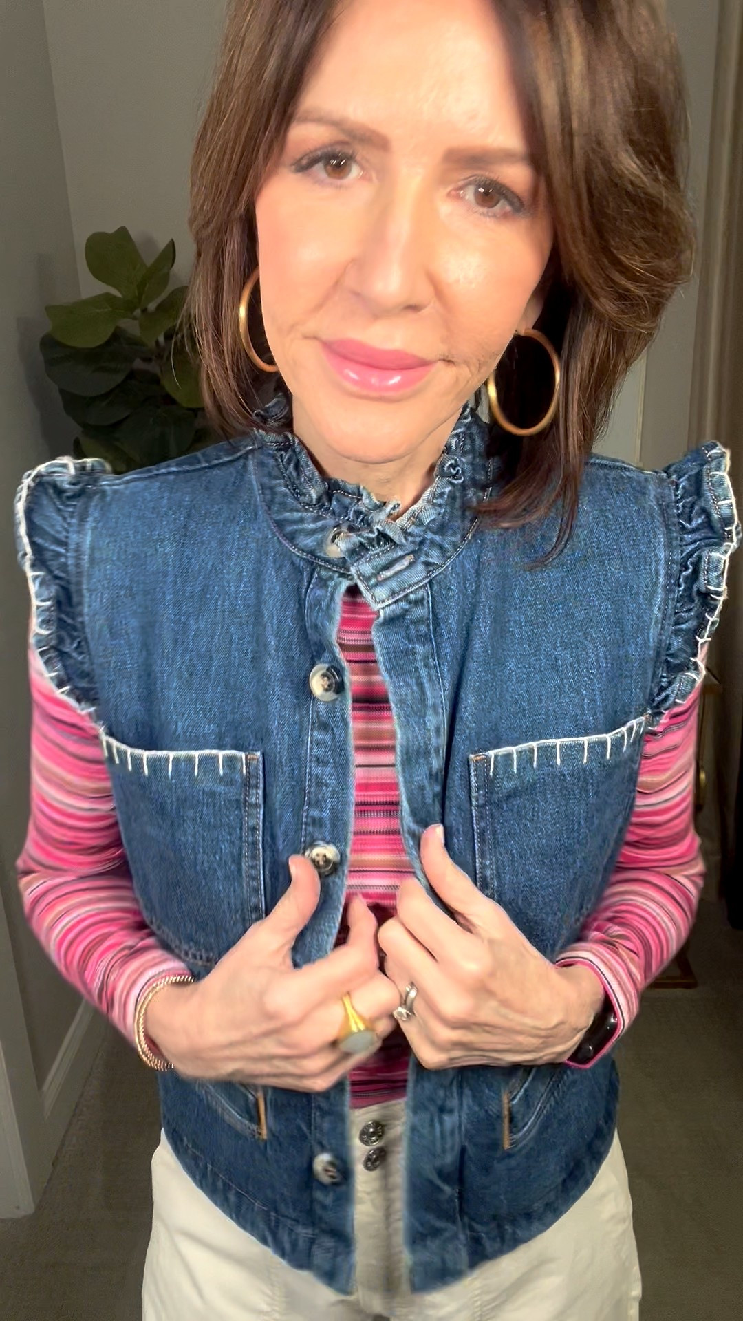 pink striped top, denim vest, over 50 outfits, spring outfit 

#LTKOver40 #LTKSeasonal #LTKootd