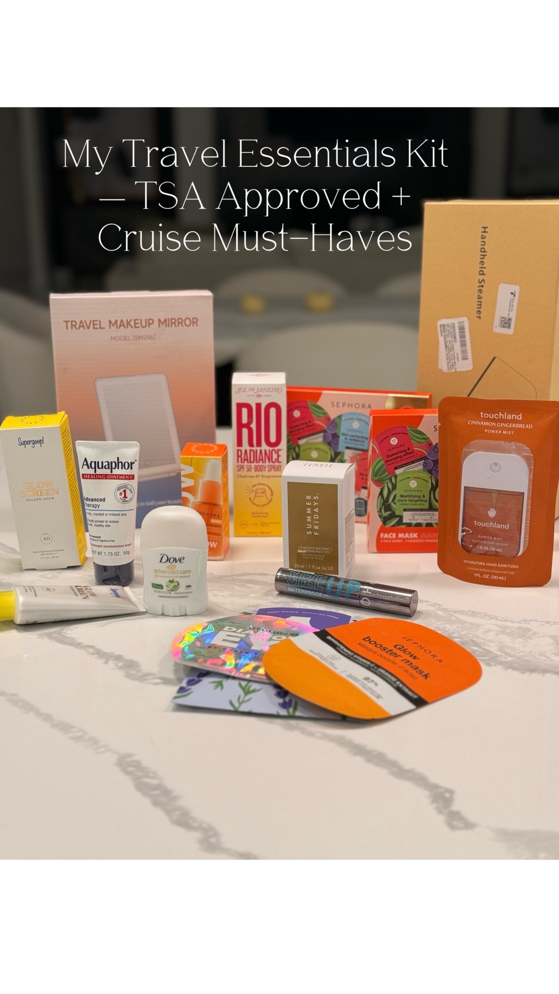 true travel essentials — the items I never pack a suitcase without. These are perfect for cruise trips, airport days, and carry-on only packing. Everything here is TSA-friendly, trending, and the most searched travel items right now. 🤎✨

What I packed for this trip:
• Travel-size deodorant (Google says this is breaking out in searches!)
• Aquaphor travel size — trending +400% and a MUST for dry airplane skin
• Supergoop GlowScreen SPF 40 — for that hydrated glow the moment you land
• Touchland hand sanitizer — looks chic + keeps my hands fresh through airports
• Sol de Janeiro Rio Radiance SPF 50 Body Spray — beach-trip essential
• Summer Fridays Lip Butter Balm — keeps lips soft in dry cabin air
• Sephora sheet masks — perfect for cruise balcony self-care
• Waterproof mascara — because the humidity will test you
• Travel makeup mirror — hotel lighting is never reliable
• Handheld steamer — keeps outfits wrinkle-free for dinner nights
• Hydrating & pore-minimizing face masks — perfect for long travel days
• Mini first-aid essentials + wipes

Why I pack these:
• They fit into a carry-on
• Follow TSA rules
• Help with dry airplane air, humidity, and sun protection
• All are highly searched travel buys — meaning people are actively looking for them right now

Everything is linked for you below so you can recreate the exact travel kit I’m taking on my trip. 🤎✨

#LTKselfcare #LTKGiftGuide #LTKTravel
