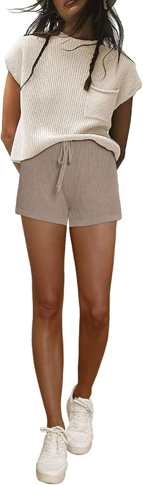 Lehuanwang Women's Two Piece Outfits Sweater Sets Knit Pullover Tops and High Waisted Shorts Loun... | Amazon (US)