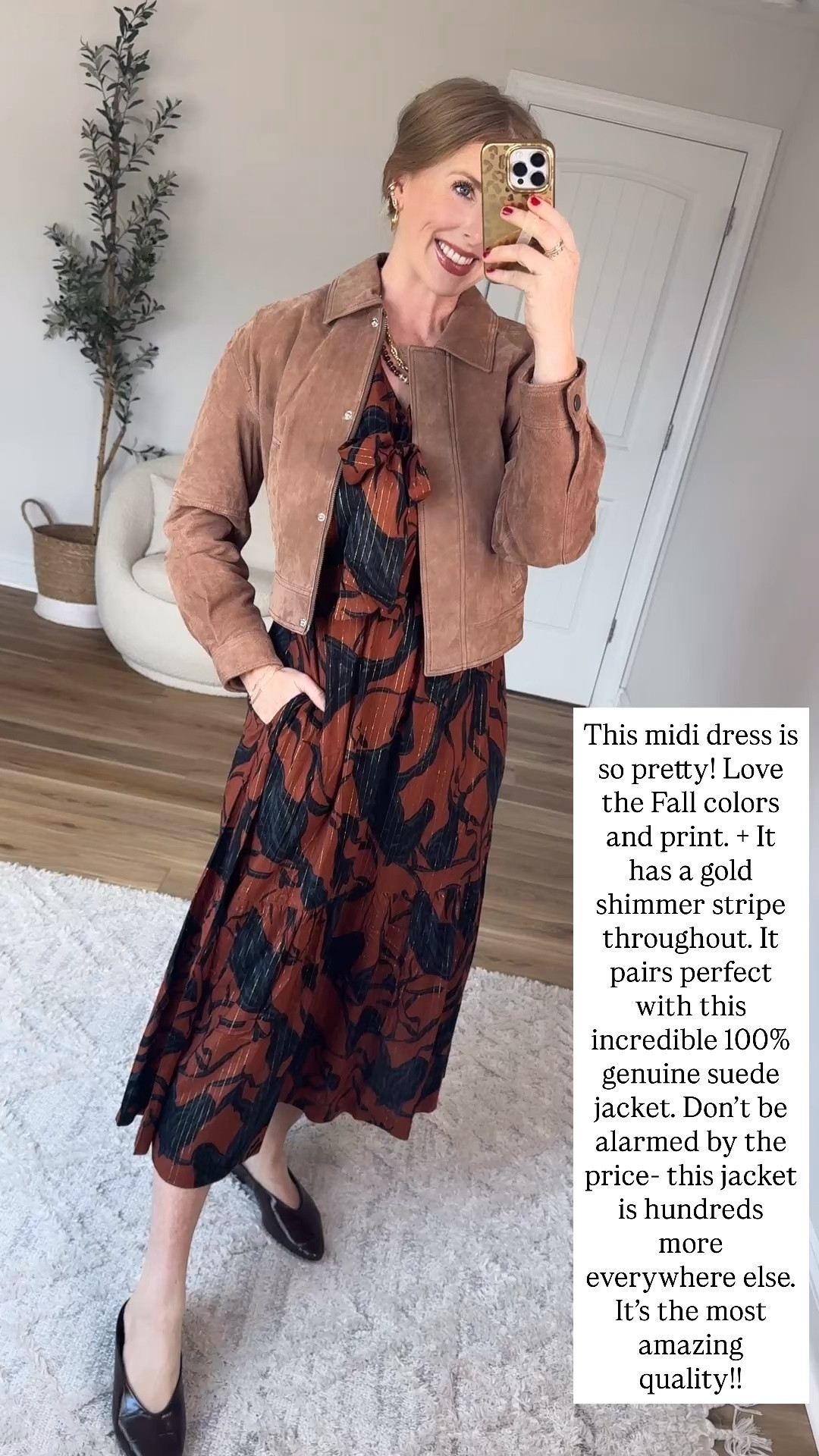 Walmart try on, scenario, genuine suede jacket, fall midi dress