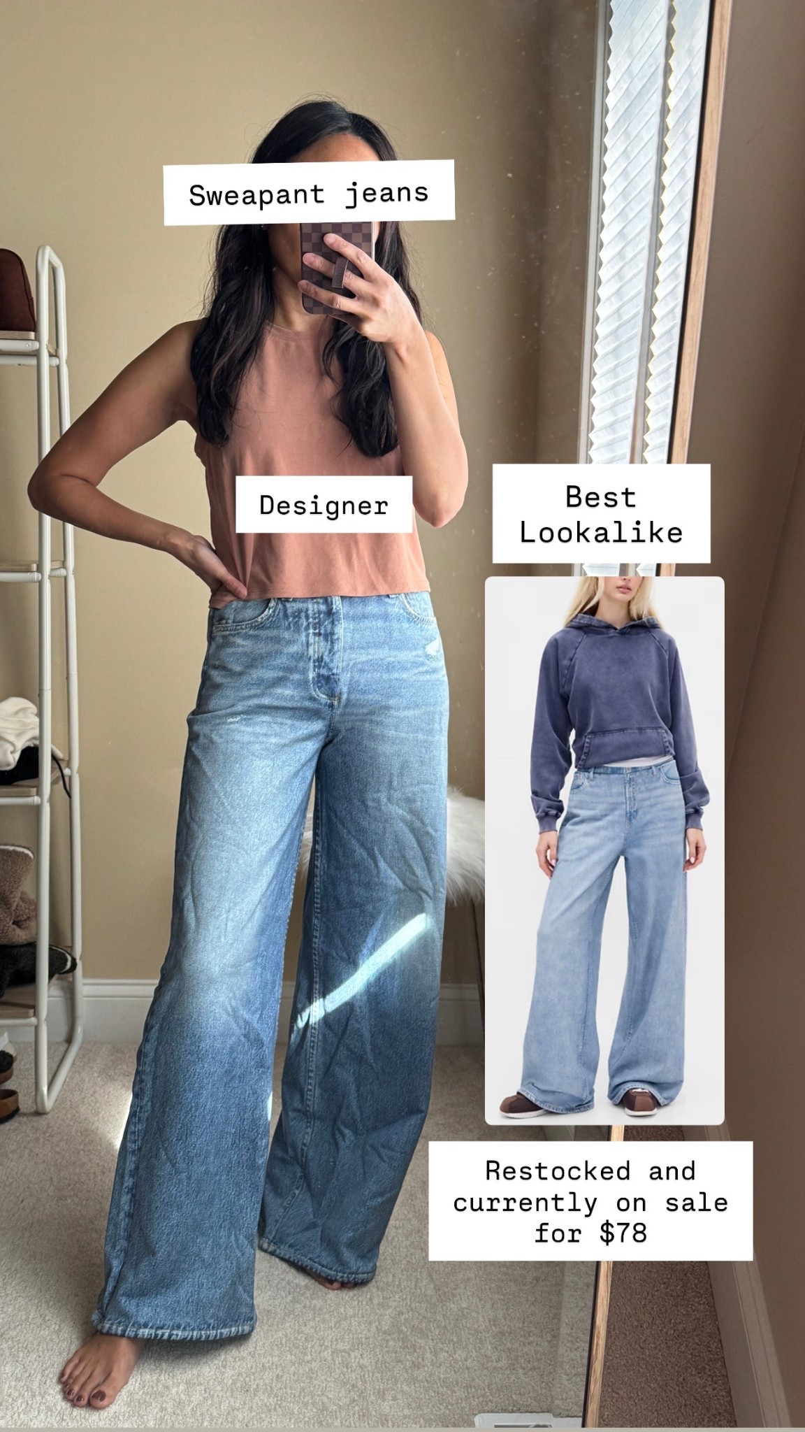 Sweatpant jeans. 
I have the designer version and love them. 
I’ve tried a few look for less options and nothing worked out for me. 
This lookalike option seems to be the best I’ve seen and it has been restocked and is on sale too. Just ordered to try  
There’s one other option that I am linking that I liked in the black wash only; but sizing didn’t work out for me. 

#LTKFindsUnder100 #LTKStyleTip #LTKOver40